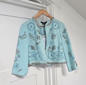 🆕️ Per Se Carlisle Per Elegant Crystal Floral Tweed Blazer in Mint Aqua Blue